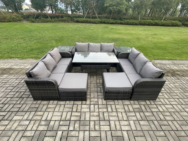 Fimous Polyrattan Gartenmöbel Set mit Rechteckiger Esstisch 2 Großer Hockern 2 Beistelltischen Dunkelgrau gemischt