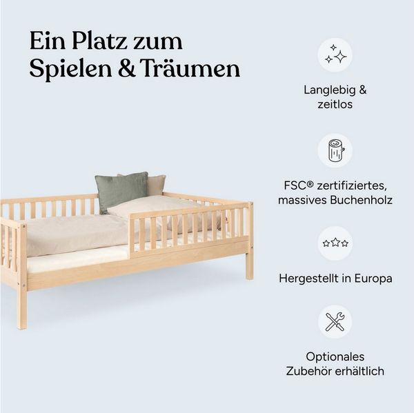 Ehrenkind Kinderbett Livo aus massivem Buchenholz, FSC® zertifiziert, inkl. Rausfallschutz (langlebig & flexibel, Kinder Bett in Buche, Kinderbetten)