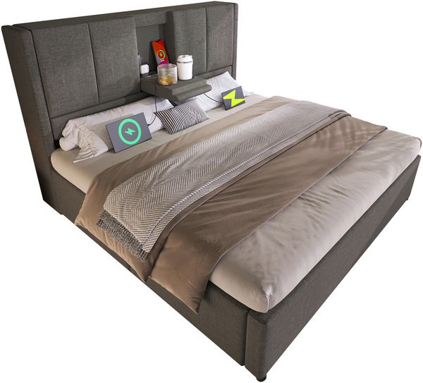 Polsterbett 140×200 cm mit hydraulischem Bettkasten und USB-Ladestation, Grau Bild 6
