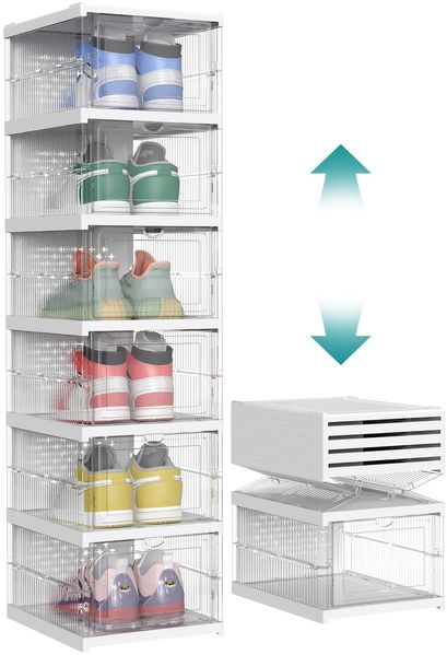SONGMICS Schuhschrank, mit 6 Schuhboxen, integrierter Schuh-Organizer, faltbar, tragbar, für Schuhe bis Größe 46, 1-Min-Montage, transparent-wolkenweiß LSP205W01