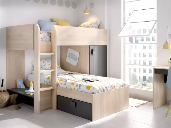 Vente-unique - RICARDO Bett Holz, Platte GrauBeige - B 111 cm x H 150 cm x L 255 cm