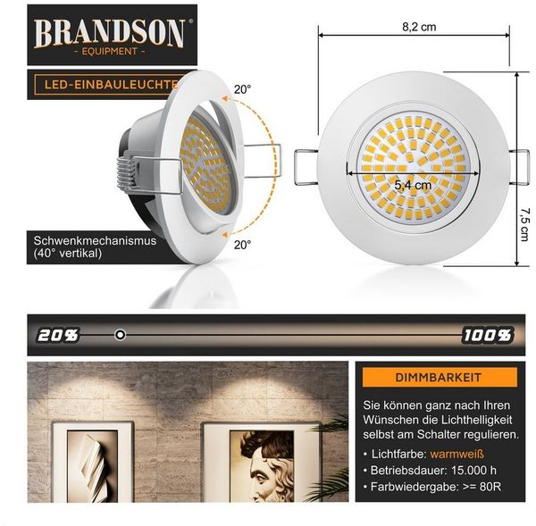 Brandson LED Einbaustrahler Deckenspot schwenkbar, Ultra Flach, Warmweiß 3000K, 5W, 320 Lumen, Dimmfunktion, Schwenkmechanismus (30° vertikal), LED fest integriert, warmweiß, Slim Einbauleuchte, Einbauspot Edelstahl Optik, Alu Deckenstrahler