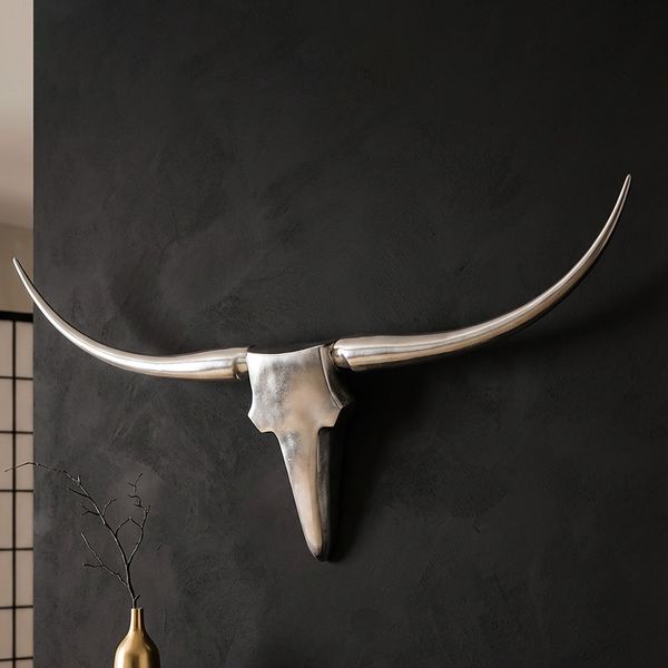 FINEBUY Wanddekoobjekt FB37874 (Deko Hirschgeweih Aluminium 125 cm Silber modern), Wanddeko Metall Design Hirschkopf Geweih Wand groß