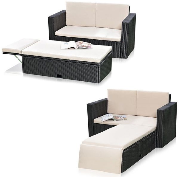 Feel2Home Garten-Essgruppe Gartensofa Fußbank Lounge Polyrattan Outdoor Garnitur versch. Farben, (Set, Sofa & Ottomane), Kissen inkl. Reißverschluss daher abnehm- und waschbar