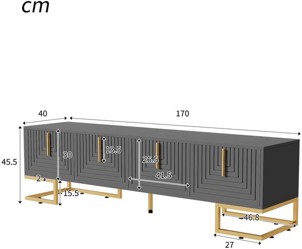 TV-Lowboard 170 x 40 x 45,5 cm mit 4 Türen – TV-Schrank in Grauschwarz aus Spanplatte mit goldfarbenen Füßen Bild 10