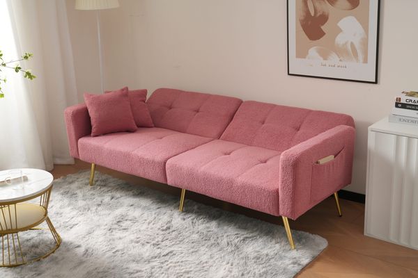 Sofa B 175 x T 64 x H 72 cm, Lammwolloptik (Sherpa), verstellbare Rückenlehne, vergoldete Beine, Rosa