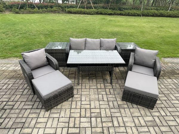 Fimous Rattan Gartenmöbel Set Rechteckiger Esstisch und Sessel Sofa Set mit 2 Beistelltischen 2 Großer Hockern 7 Sitzer Dunkelgrau gemischt