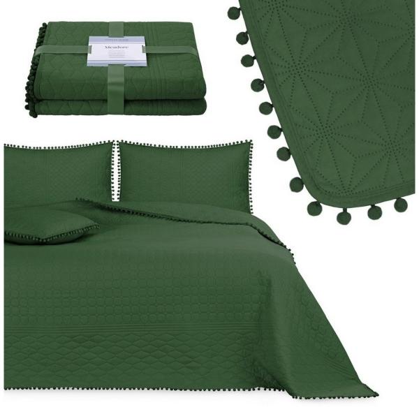 AmeliaHome Tagesdecke mit Pompons 170x210 cm Bettüberwürf zweiseitig Ultrasonic Steppung Polyester Meadore Dunkelgrün