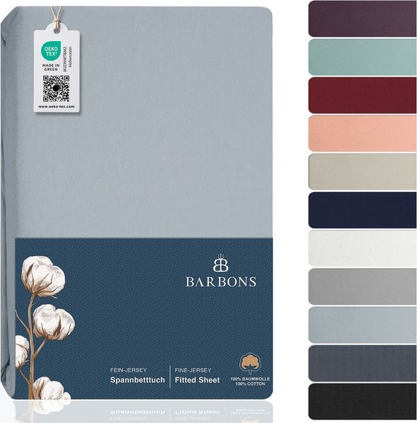 BARBONS Spannbettlaken Jersey Bettlaken, 145 g/m² Spannbetttuch, bis zu 25cm Höhe, Topper, Jersey aus 100% Baumwolle, Gummizug: rundum, (1 Stück), Rundumgummi, Atmungsaktiv