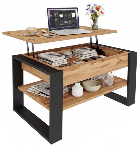 TREND WERK Couchtisch Lift-Couchtisch höhenverstellbar Sofatisch 92×55 cm mit Stauraum (verstecktem Fach Wohnzimmertisch Holz modern)