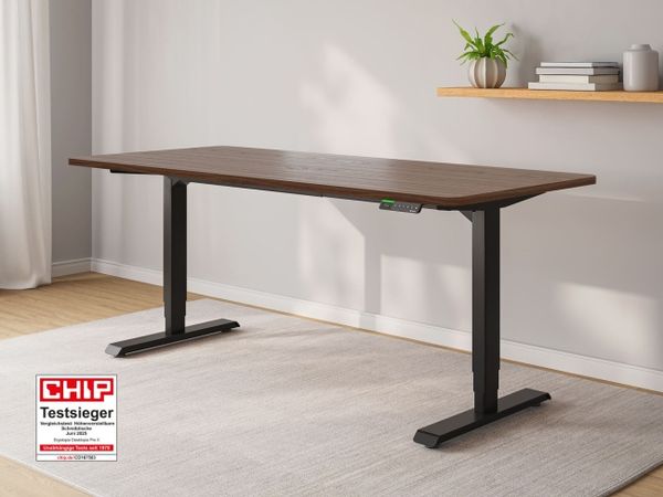 Ergotopia Desktopia Pro X I Elektrisch höhenverstellbarer Schreibtisch I 180x80 cm | Nussbaum Dekor rund I Gestell Schwarz I Inkl. Ziele- und