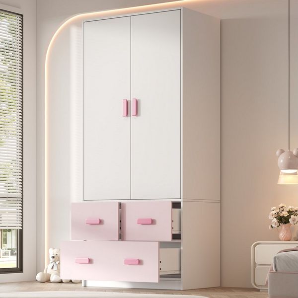 STILVORA Kleiderschrank 2-türiger Kinderkleiderschrank mit Kleiderstange, Weiß und Rosa (Kleiderschrank 2-türig, mit Stange, 3 Schubladen, Weiß+Rosa, Holzwerkstoff, stabil, Kippschutz, 80×48×180cm, langlebig) für Kinderzimmer, Schlafzimmer, Jugendzimme...