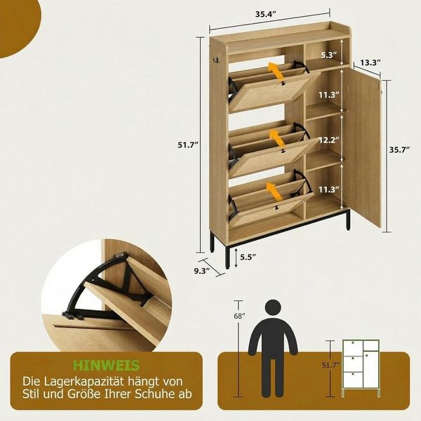 GarveeMore Schuhschrank aus Rattan mit 3 Klappschubladen und 4-stufiger Schuhschrank Schuhschrank mit verstellbaren Regalen für Eingang,Flur,Wohnzimmer