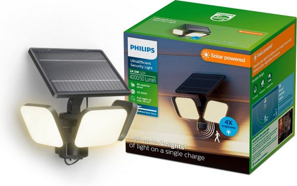 Philips LED Flutlichtstrahler Outdoor Ultra-Efficient Solar Zyren Sicherheitslicht, Abschaltautomatik, Bewegungsmelder, Tageslichtsensor, LED fest integriert, Kaltweiß, Tageslicht- und Bewegungssensor, 4000 Lumen