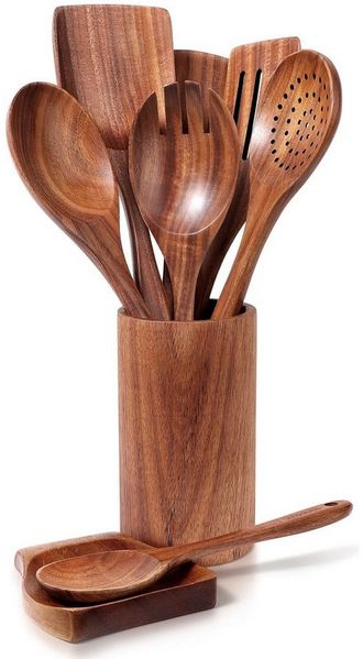 SURFOU Kochbesteck-Set Acacia Holz Küchenhelfer Set, 9 teilig inkl. Aufbewahrungsständer (Set, Pfannenwender, Kochlöffel, Schöpflöffel, Ständer, Löffelablage), Inkl. Pfannenwender und Kochlöffel. Schont Anti-Haft-Beschichtungen.