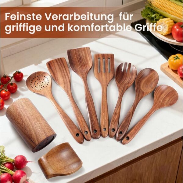 SURFOU Kochbesteckhalter Acacia Holz Küchenhelfer Set, 9 teilig inkl. Aufbewahrungsständer, (Set, Pfannenwender, Kochlöffel, Schöpflöffel, Ständer, Löffelablage), Inkl. Pfannenwender und Kochlöffel. Schont Anti-Haft-Beschichtungen.