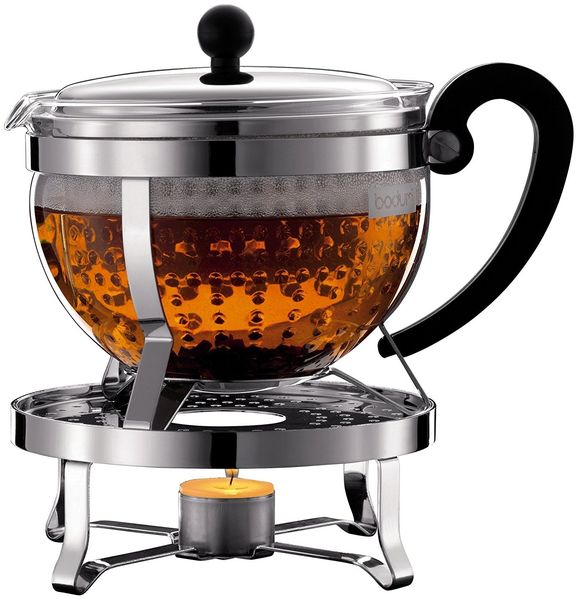 Bodum Teebereiter mit Plastikfilter 1,3 L mit Rechaud Chambord Set verchromt