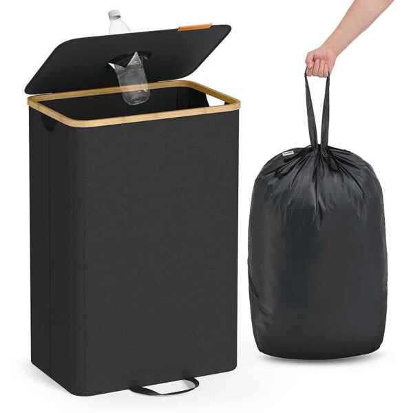 SONGMICS Pfandflaschen-Sammelbehälter, 95 L Pfandflaschen-Behälter, Flaschensammler Leergut, Recycling-Behälter, mit Loch, Deckel, Innensack mit Griffen, Küche, tintenschwarz-naturbeige RRBDE509B01