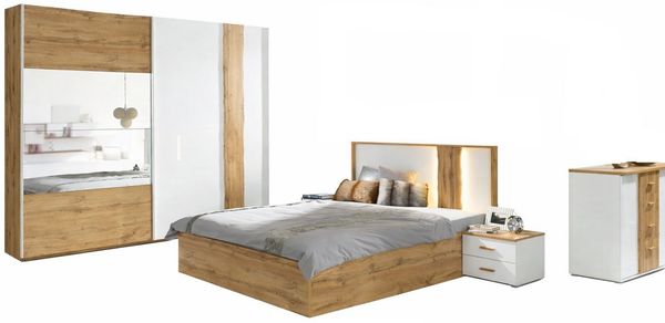 Lukas Möbel Komplettschlafzimmer Schlafzimmer Komplett Forest Hochglanz weiß Eiche Wotan 5-teilig, hochglanz, mit Spiegel, mit Bettkasten