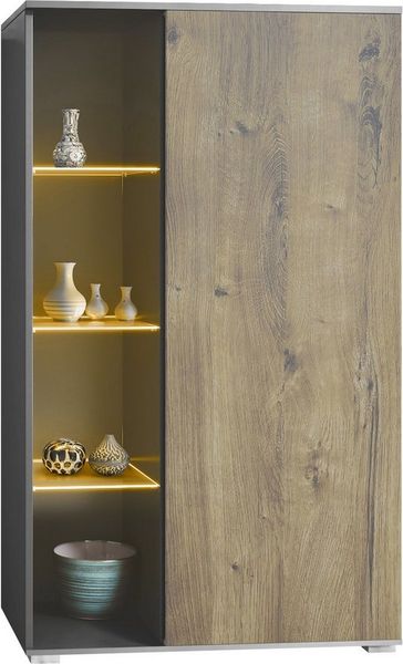 Vladon Standvitrine Davos (Standvitrine, mit 3 Glasböden und 8 Fächer inkl. LED) Anthrazit matt/Eiche Ribbeck (71,5 x 134 x 35 cm)