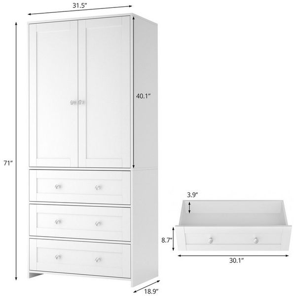 VOWNER Kleiderschrank mit Spiegel, Kleiderstangen, 2 Türen und 3 Schubladen, 80x180x48 cm (1-St) Schlafzimmerschrank mit viel Stauraum, Weiß