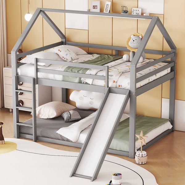 Doppelbett Kinderbett Hausbett 140x200 cm mit Rutsche und Leiter, Etagenbett für Kinderzimmer,Grau