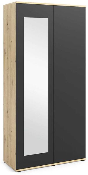 Kleiderschrank 90 cm Modulo 2-türig mit Spiegel, Mehrzweckschrank, Artisan/Schwarz, Push-to-Open-System, Modernes Design, 185 x 40 x 90 cm