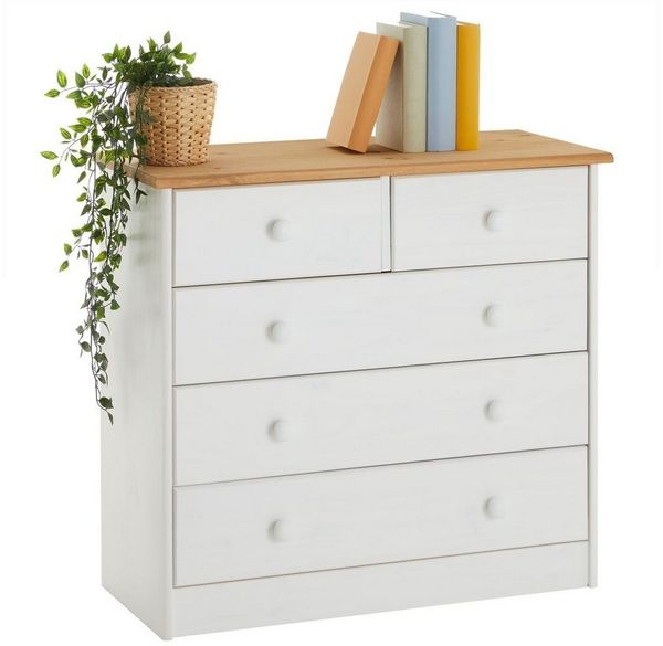 IDIMEX Kommode Rondo, schöne Anrichte mit 5 Schubladen, praktisches Sideboard aus massiver Kiefer in weiß/braun, Zeitlose Schubladenkommode mit Holzgriffe