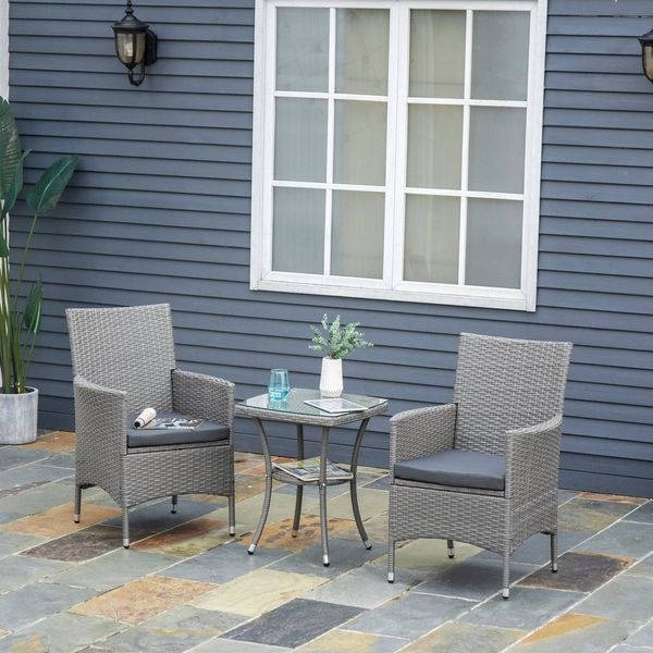 Outsunny Sitzgruppe mit Sitzkissen, (Sitzgarnitur, 3-tlg, Gartenmöbel Set), Grau 60 x 58,5 x 89,5 cm