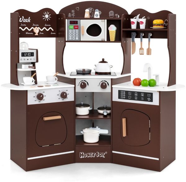 Holz Eck Spielküche mit Sound &Licht &Kaffeemaschine &Rutsche Kleinkind Küchen Spielset Braun