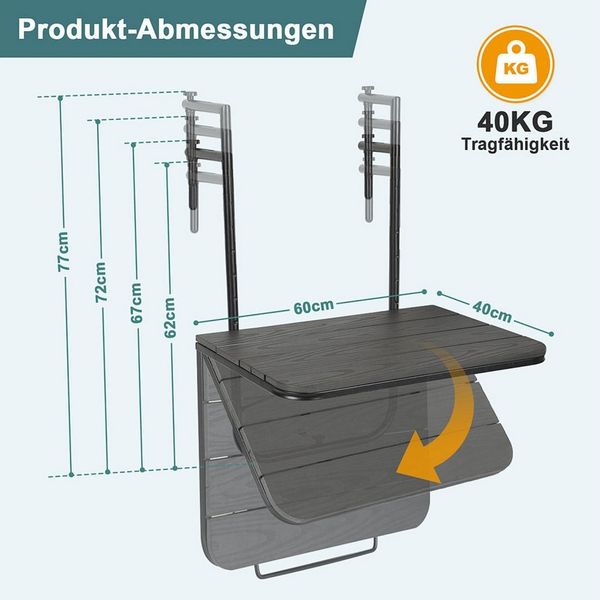 Clanmacy Balkonhängetisch Balkonhängetisch klappbar Balkontisch zum Einhängen Balkon bis 40kg (Ausklappbar, 1 Tisch)