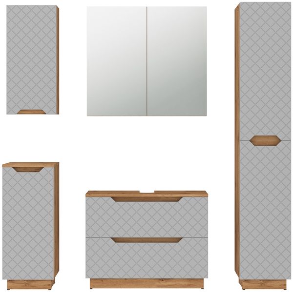 Badmöbel-Set Lotta Eiche/Grau mit Kachelstruktur 5 Teile Vicco