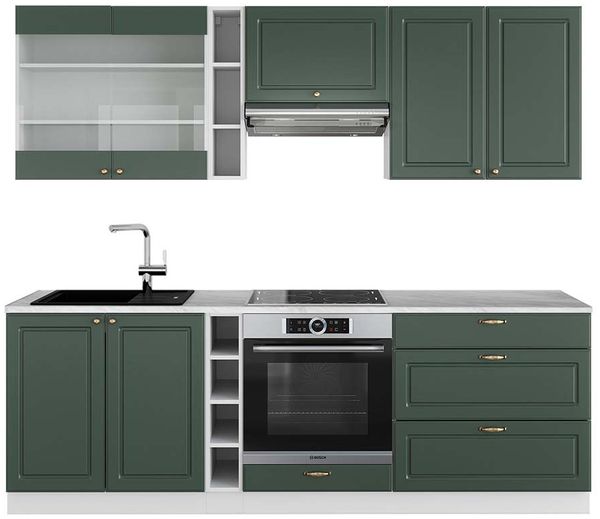 Küchenzeile Fame-Line Grün-Gold Landhaus/Weiß 235 cm , AP Marmor Vicco