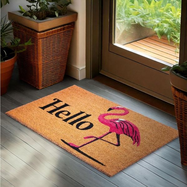 BRUBAKER Fußmatte 45 x 75 cm - Hello Flamingo - Schmutzfangmatte - Braun und Pink, Rechteckig, Höhe: 15 mm, Fußmatte für Außen und Innen - Wetterfest und Rutschfest
