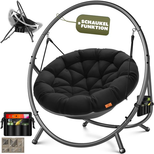 KESSER® 'BALI' Hängesessel, mit Gestell, bis 150kg, für Indoor und Outdoor + Kissen & Seitentasche, Stahlgestell/Schaumstoff Schwarz, 167,5 x 140 x 115,5 cm