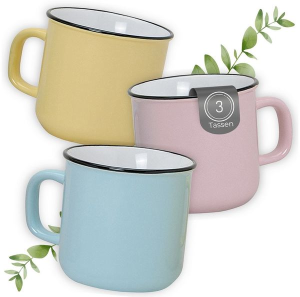 matches21 HOME & HOBBY Tasse Kaffeetassen Emaille-Optik Pastell, Teetassen 3er Set, 350 ml, 3-tlg, Porzellan, Dopamin Deko Kaffeebecher für Tee & Cappuccino
