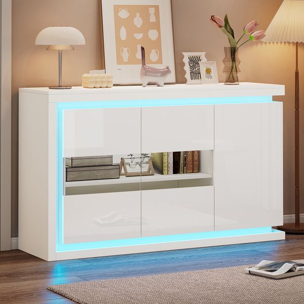 Sideboard mit LED-Beleuchtung & gehärteten Glastüren, 140 x 40 x 84 cm, Weiß