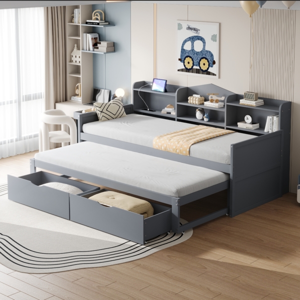 Schlafsofa, Ausziehbett 90 x 190 mit zwei Schubladen großem Staufach und Ablagekorb USB-Steckdose Einzelholzbett，Grau, 90 x 200 cm