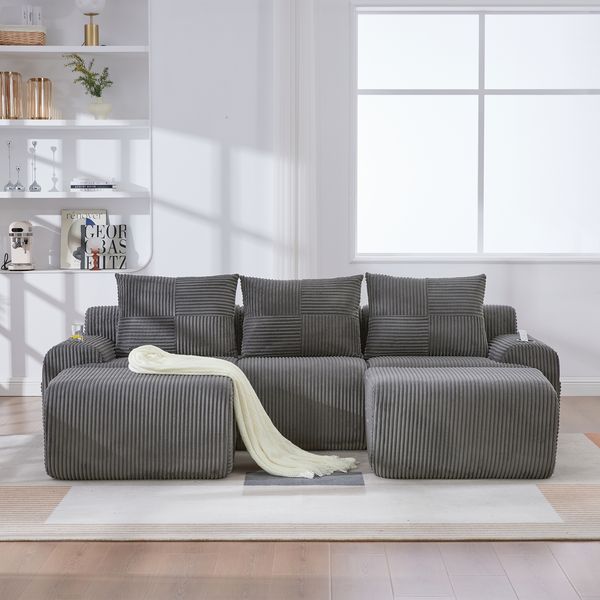 Sofa aus Cord 268x174x66 cm mit Cupholder & Seitentasche, dunkelgrau