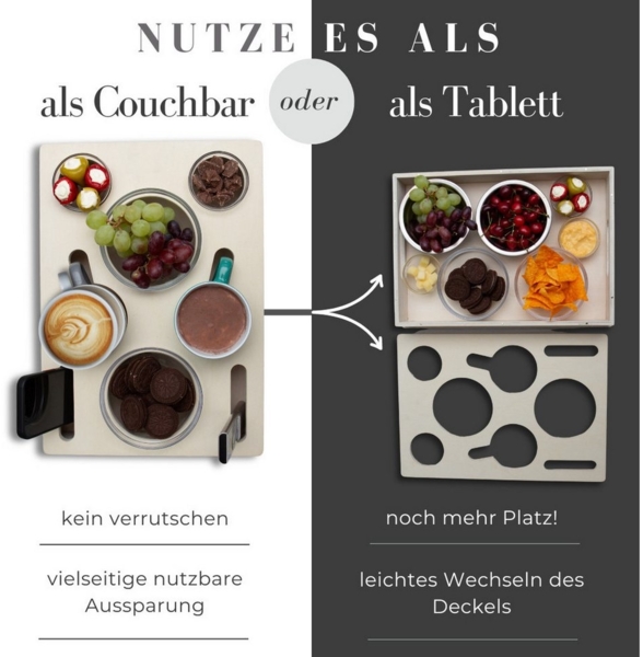 PEGSEN Servierplatte All in One Couchbox Serviertablett mit 4 Glasschalen, Alle Getränke & Snacks stehen stabil und sicher