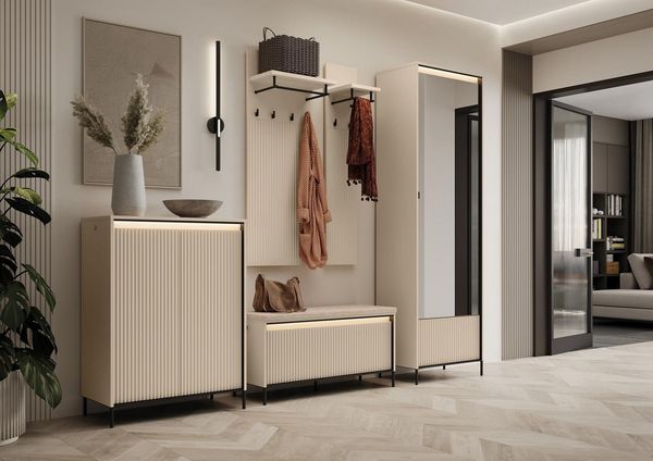 Compleo Garderoben-Set mit Spiegel beige, Garderobenschrank modern mit Lamelllen FLORE