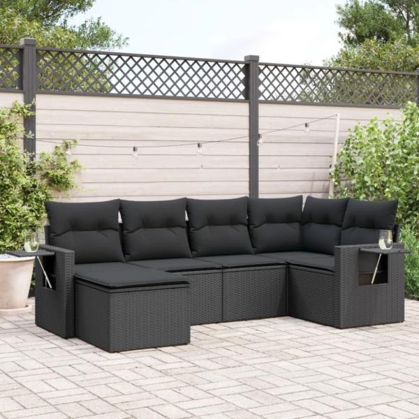 vidaXL 6-tlg. Garten-Sofagarnitur mit Kissen Schwarz Poly Rattan 3220454