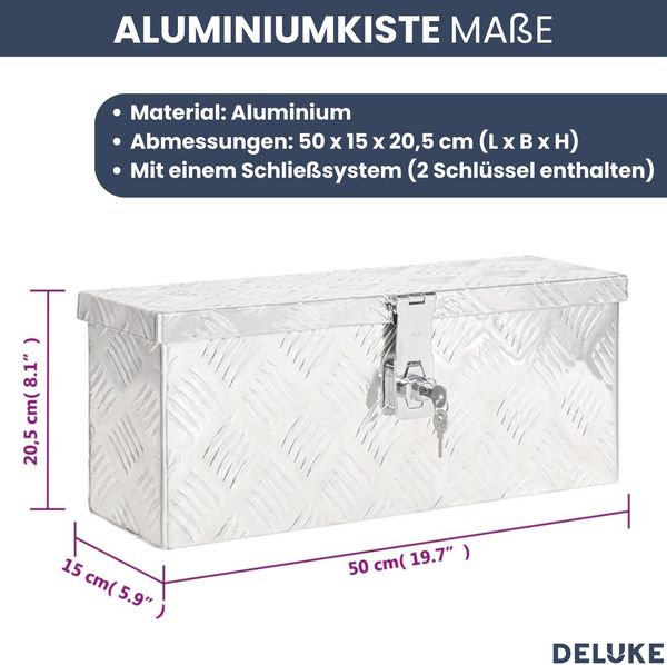 Aluminiumbox mit Deckel - Abschließbar | Alubox Deichselbox Alu Anhängerbox Werkzeugkiste Metall Transportbox Metallkiste, 50x15x20,5cm Silber Bild 3