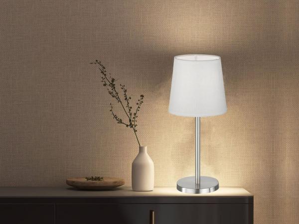 LED Tischlampe Silber mit Lampenschirm Leinen Weiß, Höhe 30cm