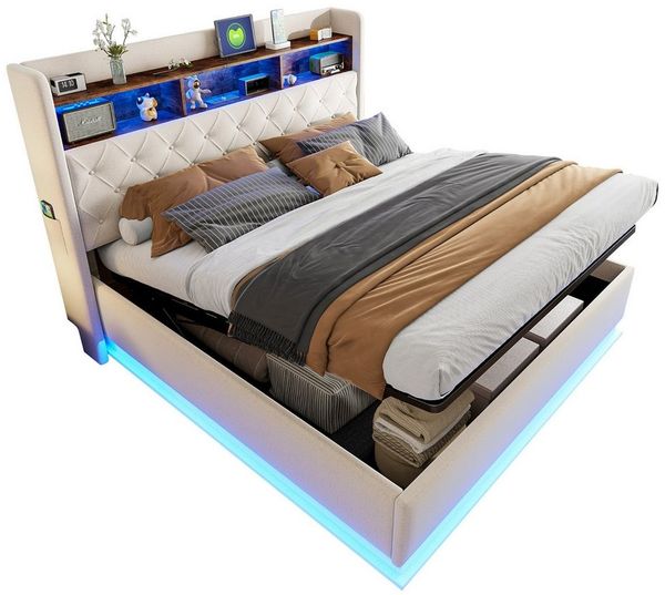 OKWISH Polsterbett Funktionsbett,Stauraumbett,Doppelbett,Gästebett (Luxuriöses LED-Polsterbett,mit USB-Ladeanschluss und hydraulischem Stauraum, Polsterbett 180 x 200 cm), mit Matratze
