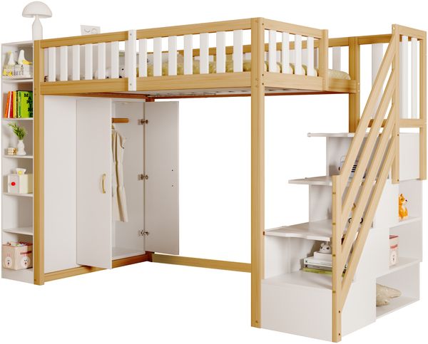 Merax Hochbett mit Regalen, Stauschrank, großem Kleiderschrank und Sicherheitsleiter mit Ablagefächern, Holz natur / weiß, 90x200 cm Bild 10