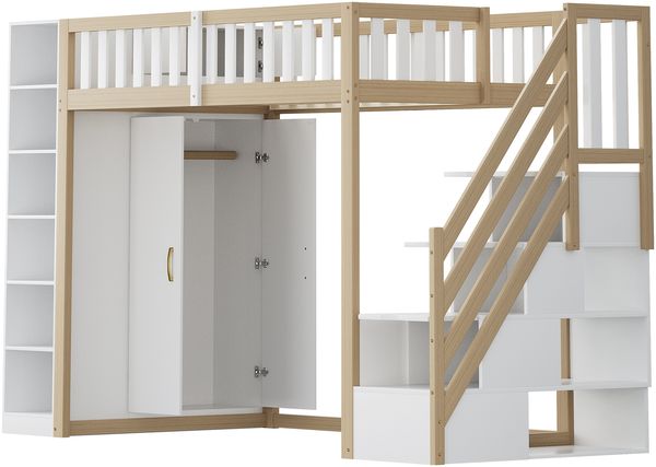 Merax Hochbett mit Regalen, Stauschrank, großem Kleiderschrank und Sicherheitsleiter mit Ablagefächern, Holz natur / weiß, 90x200 cm Bild 8