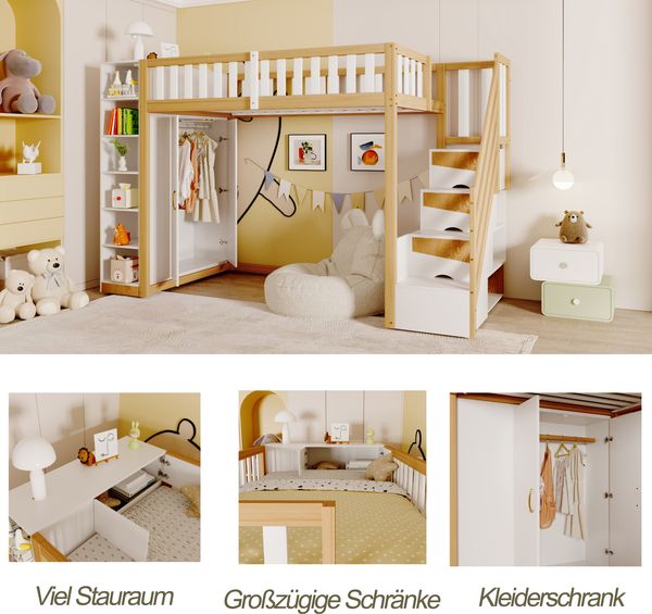 Merax Hochbett mit Regalen, Stauschrank, großem Kleiderschrank und Sicherheitsleiter mit Ablagefächern, Holz natur / weiß, 90x200 cm Bild 5