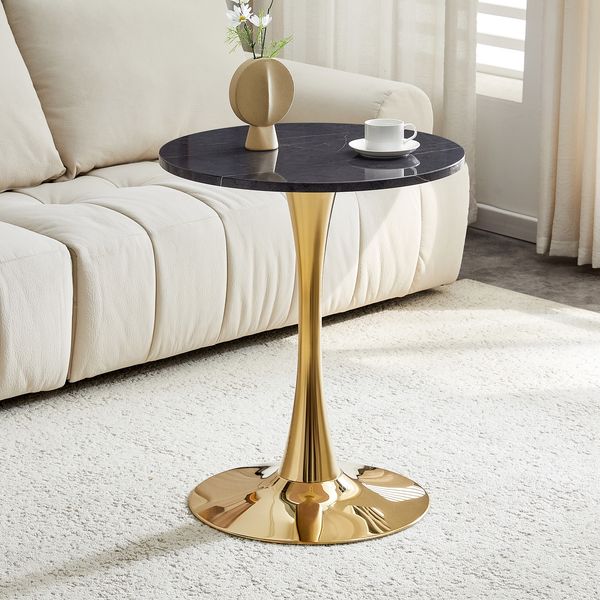 Runder Beistelltisch 60 cm, Schwarz-Gold, MDF-Tischplatte in Marmoroptik mit Metallgestell,72*60*60 cm