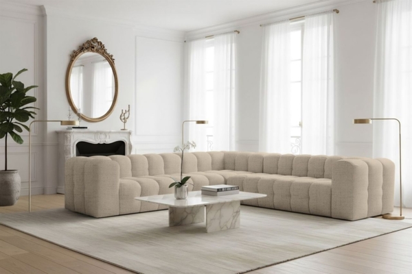 Ecksofa Designersofa SOLVIE in Stoff Moly Beige Seite Universal Bild 1